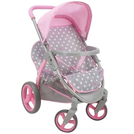 Photo 1 of Cotton Candy Pink Twin Tandem Doll Stroller in Grey Polka Dots Fits 2 Dolls up to 18
