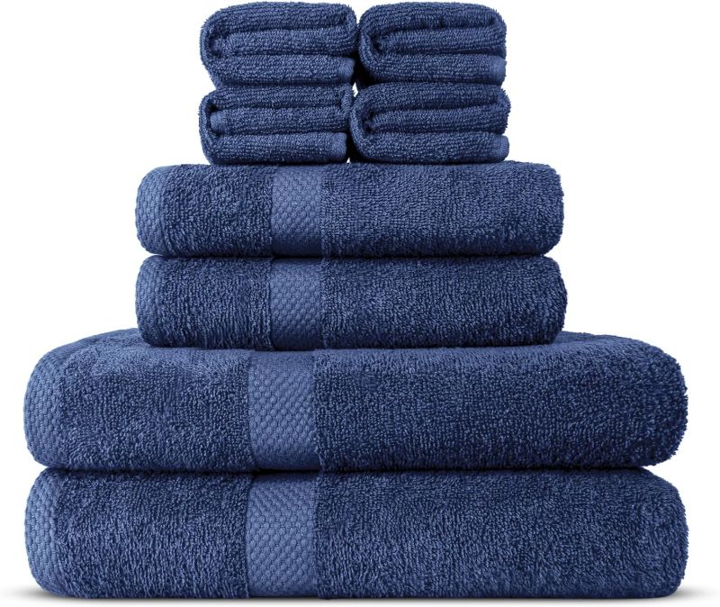 Photo 1 of 100% Combed Cotton Bathroom Towel Set of 8- 2 Bath Towels, 2 Hand Towels, 4 Wash Cloths, Sustainable, Soft, Highly Absorbent 8 Piece Cotton Bath Towel Set Ideal for Hotels, Spa, Bathroom, Dorm, Blue