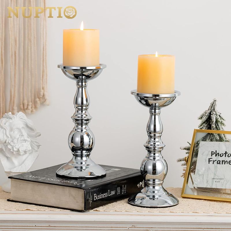 Photo 1 of Nuptio Silver Pillar Candle Holders, Wedding Centerpieces Metal Candle Holder for 3 inches Candles Stand Decoration Ideal for Weddings Special Events Parties Living Room, 2 Pcs