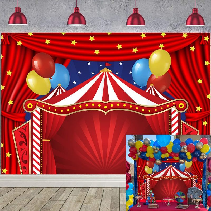 Photo 1 of Red Circus Carnival Backdrop Curtain Stars Birthday Party Photography Background Newborn Baby Shower Birthday Cake Table Decorations 7x5FT, 7x5FT(width 210cm x Height 150cm)