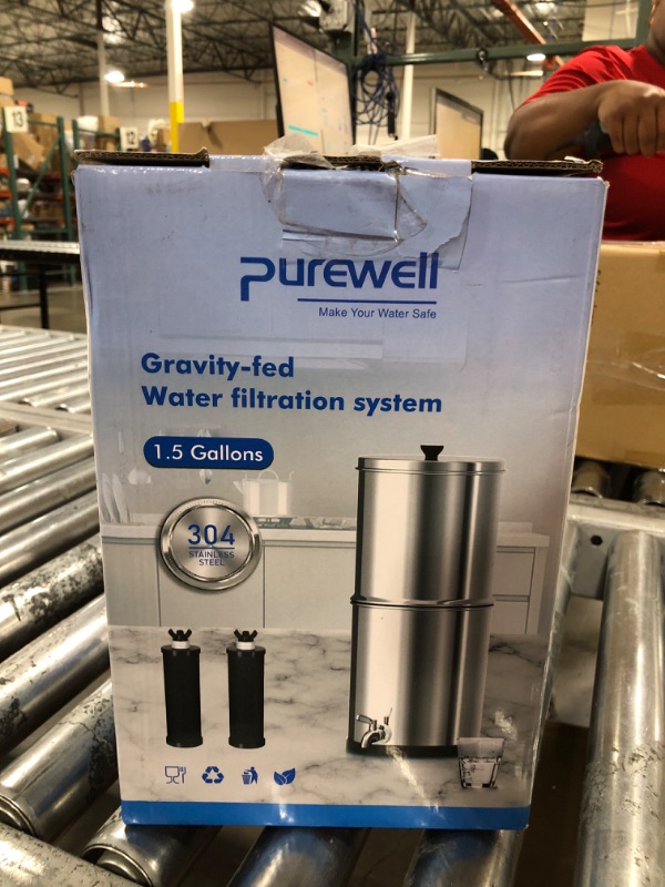 Photo 2 of Purewell 2.25G Gravity Water Filter System with Water Level Window, 3-Stage 0.01?m Ultra-Filtration Stainless Steel Countertop System with 2 Filters and Stand, Reduce 99% Chlorine, PW-KS Basic System silver
