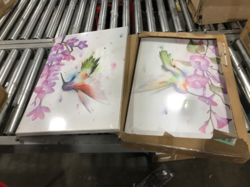 Photo 1 of DuoBaorom 2 Pieces Set Hummingbird Wall Art Abstract Hummingbird with Purple Flower Bird Poster Picture for Bedroom Home Decor Stretched and Framed Ready to Hang 16x24inchx2pcs