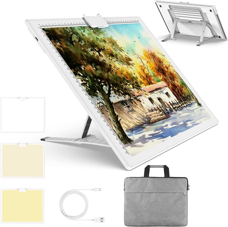Photo 1 of A3 Wireless Light Pad with Carrying Case, QENSPE Rechargeable Battery Powered LED Tracing Light Box, 3 Color Modes and 6 Levels Brightness Dimmable Copy Board for Diamond Art with Stand (White)
