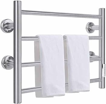 Photo 1 of JXXM Heated Towel Rack, 4-Bar Towel Warmer Rack, Wall Mounted Electric Towel Warmer, Electric Towel Drying Rack with Timer, Stainless Steel Heated Towel Warmer for Bath, Plug-in/Hardwired (Silver) 4bar Silver