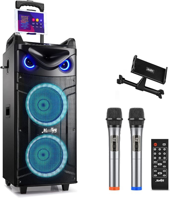 Photo 1 of Moukey Karaoke Machine, Double 10" Woofer PA System for Party, Portable Bluetooth Speaker with 2 Wireless Microphone, Disco Lights and Echo/Treble/Bass Adjustment, Support TWS/REC/AUX/MP3/USB/TF/FM
