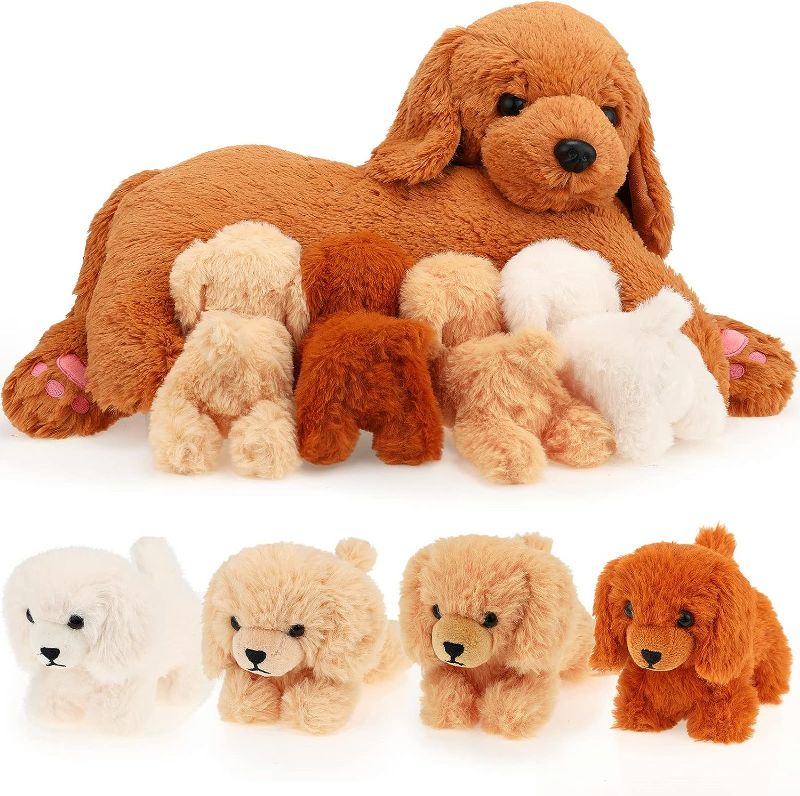 Photo 1 of Nurturing Dog Stuffed Animal with Puppies, Soft Cuddly Golden Retriever Plush Toys for Girls Boys Plushy Nursing Mommy Dog with 4 Stuffed Baby Puppies for Birthday Party Favor Gifts (Golden Retriever)
