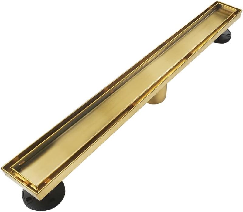 Photo 1 of =Neodrain 24-Inch Gold Linear Shower Drain, 2-in-1 Flat & Tile Insert Cover, Stainless Steel Linear Drain, Brushed Brass Rectangle Shower Floor Drain with Hair Strainer, Watermark&CUPC Certified
