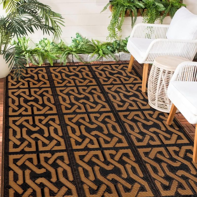 Photo 1 of SAND MINE Reversible Mats, Plastic Straw Rug, Modern Area Rug, Large Floor Mat and Rug for Outdoors, RV, Patio, Backyard, Deck, Picnic, Beach, Trailer, Camping (4' x 6', Black & Brown)
