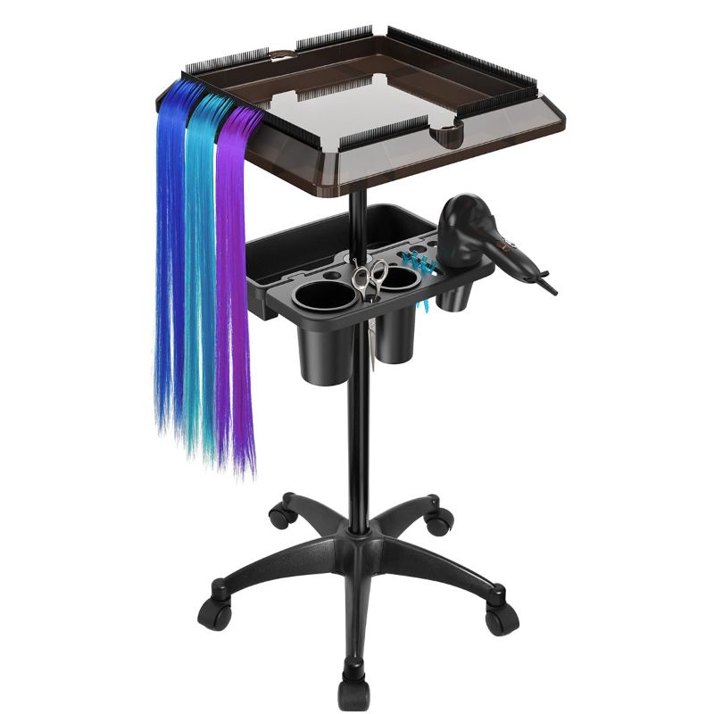 Photo 1 of Johgee Salon Tray Cart with Extra Storage Space, Salon Rolling Tray, Adjustable Height Salon Tray on Wheels, Removable Hair Extension Tool Tray for Hairdressers, Salon Color Tray for Salon Home Use Black2