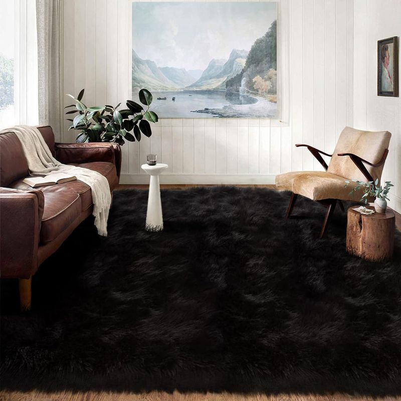 Photo 1 of  Area Rugs for Living Room Black Fur Rug Faux Sheepskin Rug Large Rug Fuzzy Rug Shaggy Rug Fluffy Rug for Bedroom Sofa Office Entertainment Room