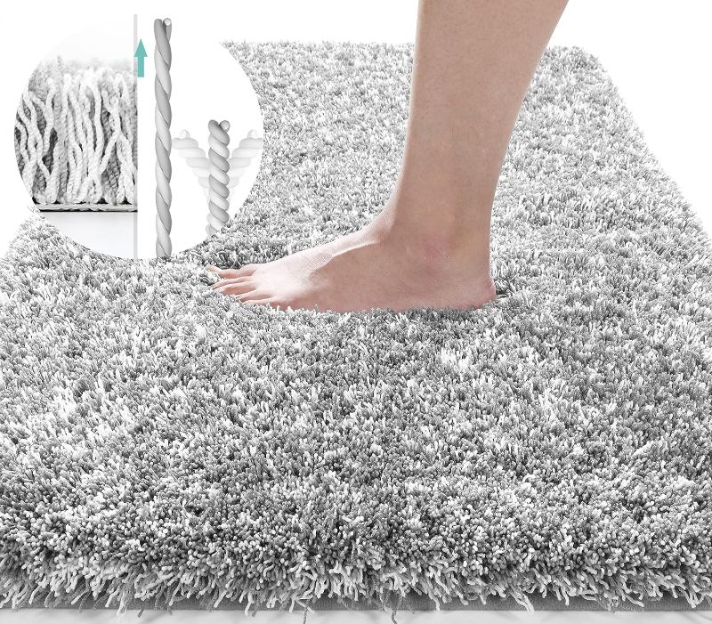 Photo 1 of Yimobra Shaggy Bath Rug, Plush Large Bath Mats for Bathroom Non Slip, Water Absorbent Bath Mat, Dry Quickly, Machine Washable, Thick Fluffy Shower Rugs for Bathroom Floor, 36"x 24", Light Gray & White
