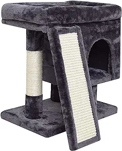 Photo 1 of SYANDLVY Small Cat Tree for Indoor Cats Large Adult, Cat Tower with Scratching Post, Modern Cat House with Padded Perch, Kittens Condo with Board, Cat Cave (Smoky Grey) 