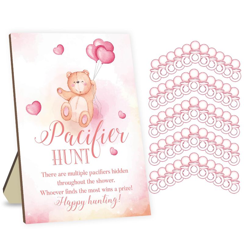 Photo 2 of Bear Baby Pacifier Hunt Game, Baby Shower Party Games, Baby Shower Game Set, Cute Bears Baby Pacifier Hunt Wooden Sign and 50 Pink Acrylic Baby Pacifiers, Baby Shower Game for Girl Party
