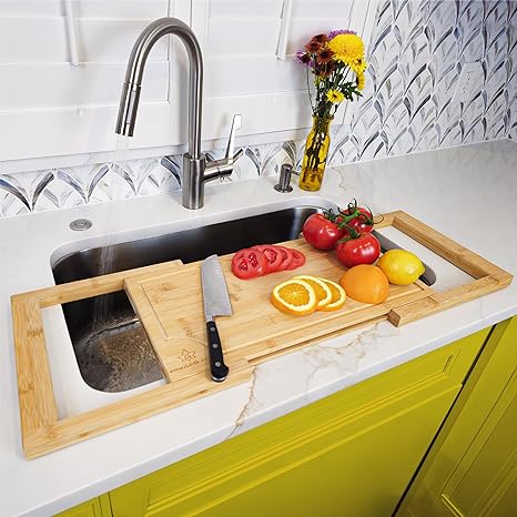 Photo 1 of [2024 UPGRADE] Kindled Ivys Expandable Bamboo Wooden Over The Sink Cutting Board - Extra Large XXL Expands Over Kitchen Sink to 33.5x11". Natural Bamboo, Serving Tray with Juice Groove
