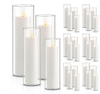 Photo 1 of 24 Pcs White Pillar Candles Bulk and 24 Pcs Glass Candle Holder, Pillar Candle Vase Clear Cylinder Vases Cylinder Candle Holders Slim Pillar Candle for Wedding Centerpieces 