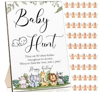 Photo 1 of 51 Pieces Baby Shower Games Include Wooden Baby Hunt Sign 50 Mini Plastic Babies Tiny Babies Boy Girl Baby Shower Games Gender Reveal Party Favors Baby Shower Prizes for Game (Animal Style)