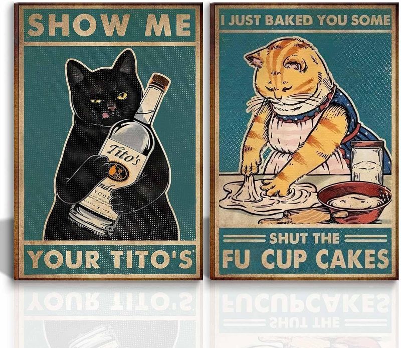 Photo 1 of 2 Pieces Funny Kitten Canvas Wall Art Print Poster, Biscuits We Knead, Show Me Your Tito, Family Bar Kitchen Shop Farmhouse Decoration Coffee Vintage Gifts 12x16 Inch Framed
