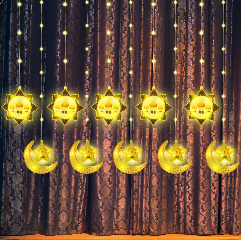 Photo 1 of 148 LED 10Ft Twinkle Star Moon Curtain Lights Ramadan Decorations Lights, 8 Modes Plug Powered Window Curtain Fairy String Lights, Christmas Wedding Party Ramadan Eid Decoration for Home, Warm White
