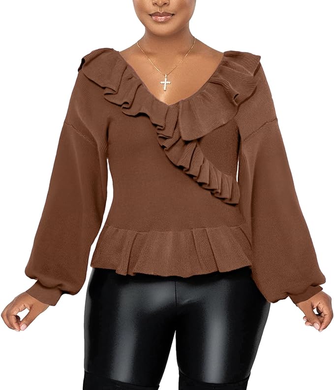 Photo 1 of Casual Cropped Sweater for Women V Neck Long Sleeve Elegant Cute Ruffled Wrap Pullover Jumper Tops - LARGE 
