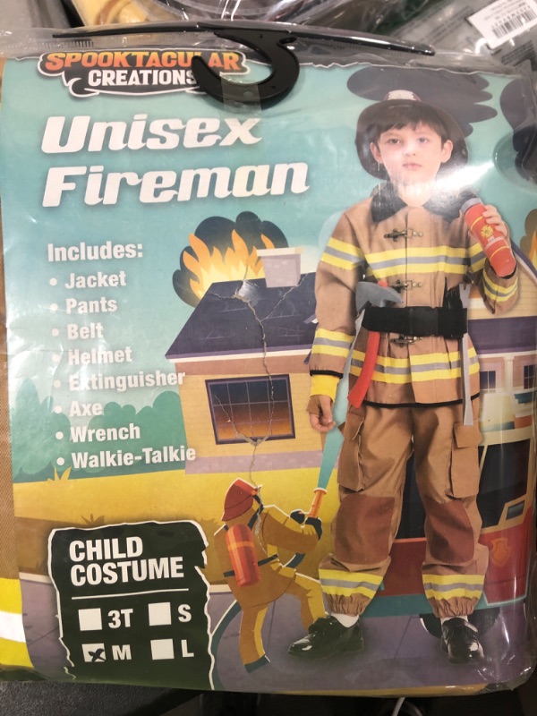 Photo 2 of [Size M] Spooktacular Creations Kids Fireman Costume, Fire Fighter costume for Toddler, Boys Halloween Dress Up Brown Medium(8-10 yrs)