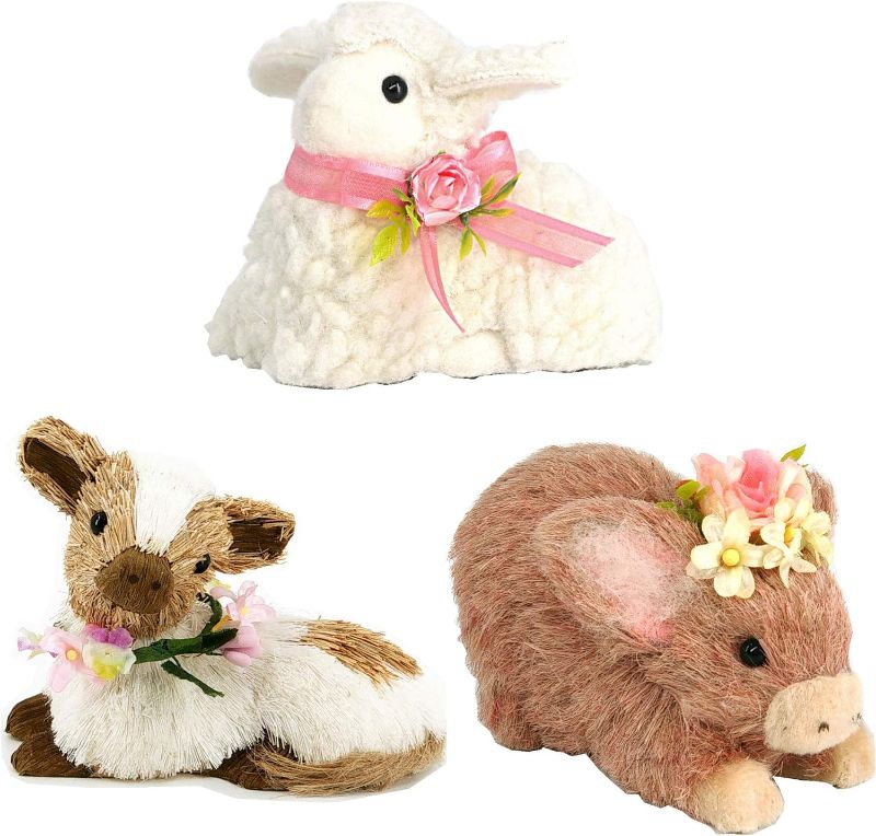 Photo 1 of Nature Vibe 4 Inches Farm Animals Easter Decor,Set of 3 Sisal Animals Figurines w Spring Decor Flower as Easter Decorations for The Home, Realistic Easter Ornaments Includes Pig Decor
