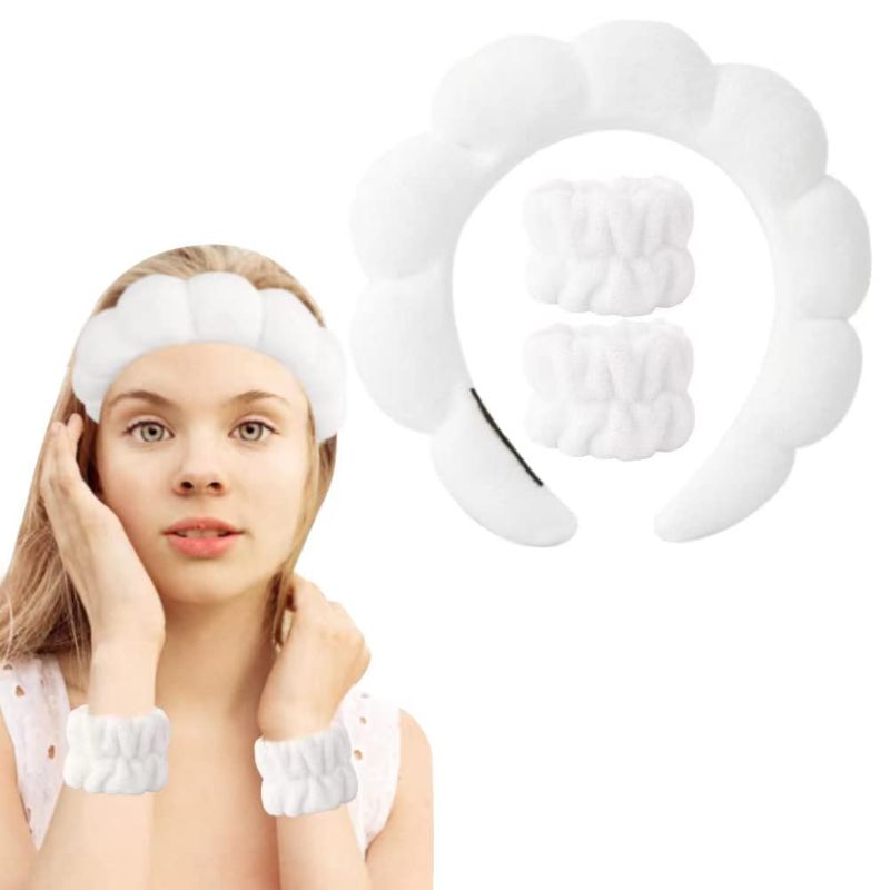 Photo 1 of AiMHariacc Facial Bow Head band for Girls Washing Spa Headband Face Skincare Shower Fluffy Towel Headbands, Soft Microfiber Makeup Women Coral Fleece Face Mask Hair Band 2 Pack (White) 