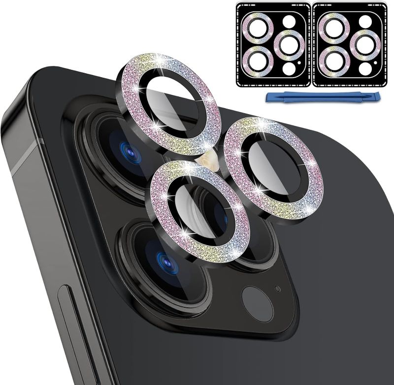 Photo 1 of QsmQam [2 Pack Camera Lens Protector for iPhone 14 Pro/Pro Max & iPhone 15 Pro/Pro Max, Individual Metal Ring Tempered Glass Camera Cover, with Install and Remove Aid-Graphite Gray Colorful Glitter 