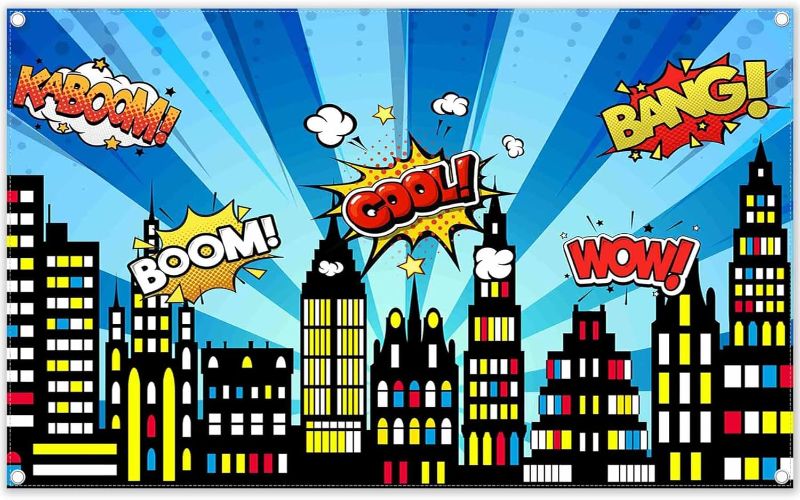 Photo 1 of YCUCUEI 72x43inch Superhero Theme Birthday Backdrop Comics Style Building City Skyline Photography Background Kids Party Decorations Photo Booth Banner