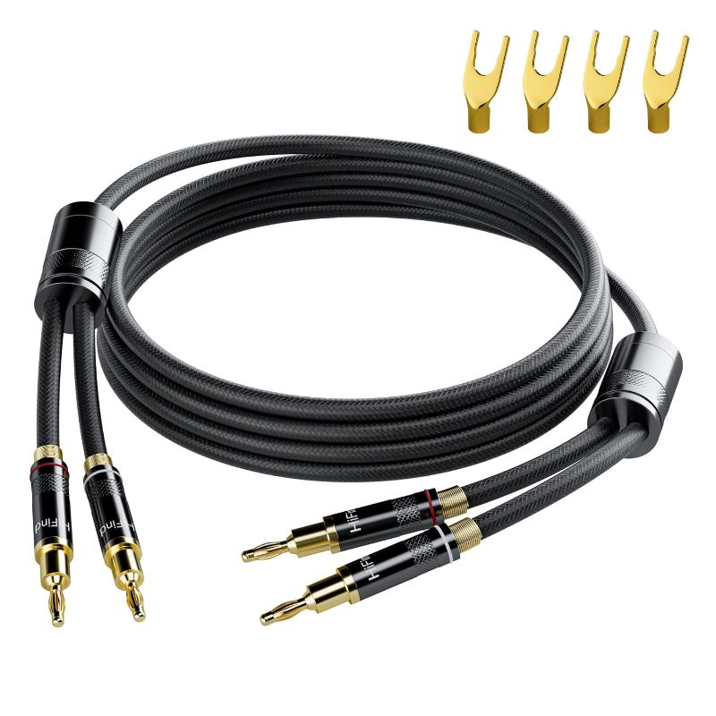 Photo 1 of Speaker Cable Wire 6 Ft with Gold-Plated Banana Tip Plugs and Convertible Y Plug Spade Connector-Real Hi-Fi Sound-Silver Plated Copper-Spring SR-Shield-Braided for HiFi System, Audiophiles
