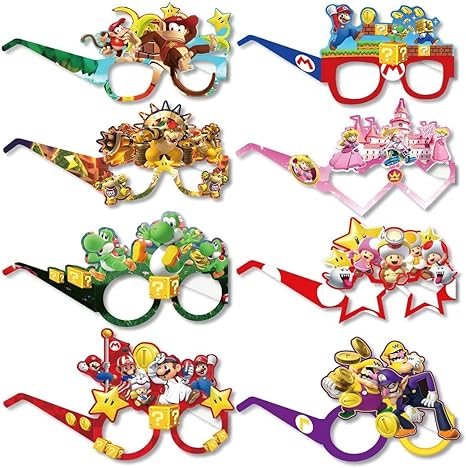Photo 1 of 20Pcs Cartoon Party Paper Glasses Set Including 16 Pcs Cartoon Paper Party Glasses and 4 Sheet Anime Temporary Tattoos Stickers Ideal Photo Booth Props for Boys Girls Super Bros Theme Party