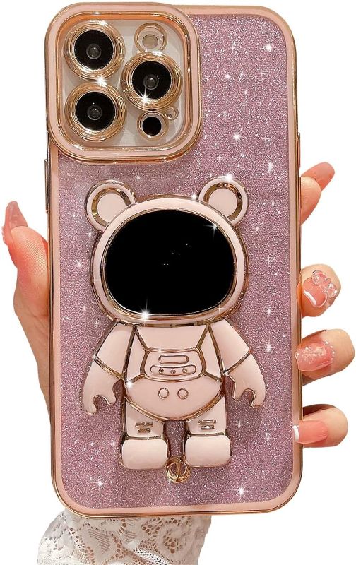 Photo 1 of HYUEKOKO Compatible for iPhone 14 Pro Max 6.7 Inch Bling Plating Bear Astronaut Hidden Stand Case, Clear Glitter Cute Case for Women Girls Shockproof Back Cover for iPhone 14 Pro Max Pink