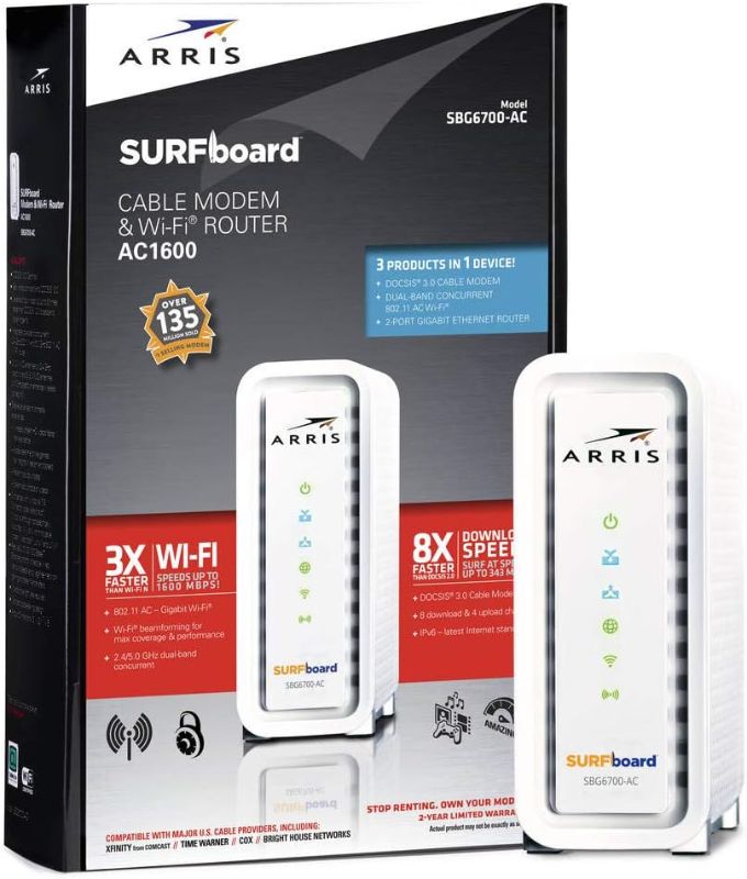 Photo 1 of Arris Surfboard SBG6700AC DOCSIS 3.0 Cable Modem/Wi-Fi AC1600 Router - Retail Packaging - White, Model: SBG6700AC, Electronic Store & More
