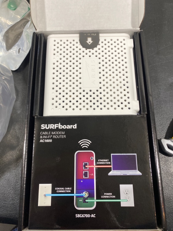 Photo 3 of Arris Surfboard SBG6700AC DOCSIS 3.0 Cable Modem/Wi-Fi AC1600 Router - Retail Packaging - White, Model: SBG6700AC, Electronic Store & More
