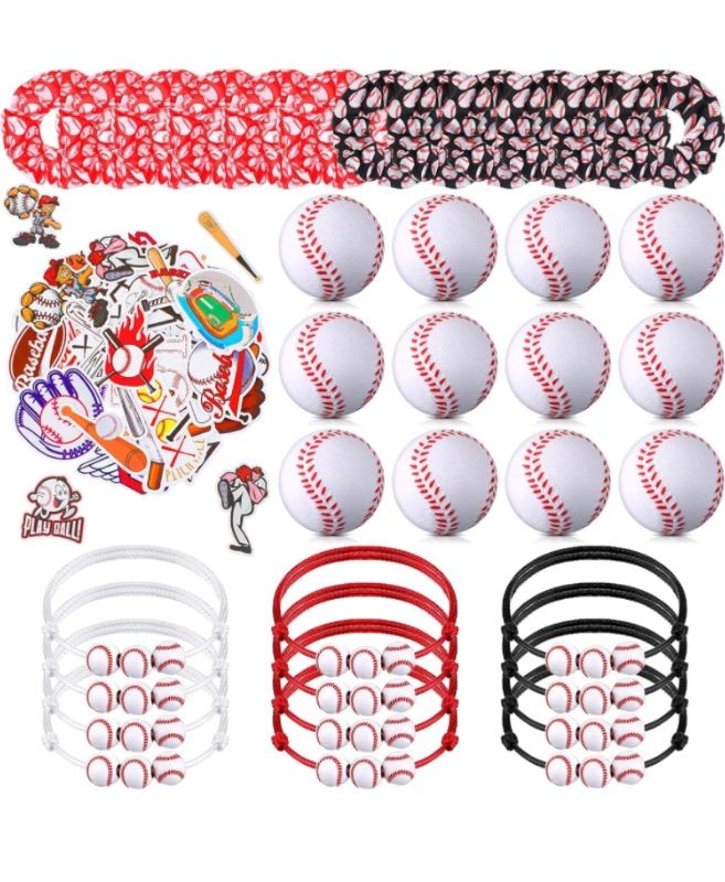 Photo 1 of 86 Pieces Baseball Party Favors, Includes 12 Mini Baseball Stress Balls,12 Sport Hair Scrunchies, 12 Baseball Charm Bracelets, 50 Baseball Stickers for Birthday Carnival Reward Team Gifts Supplies