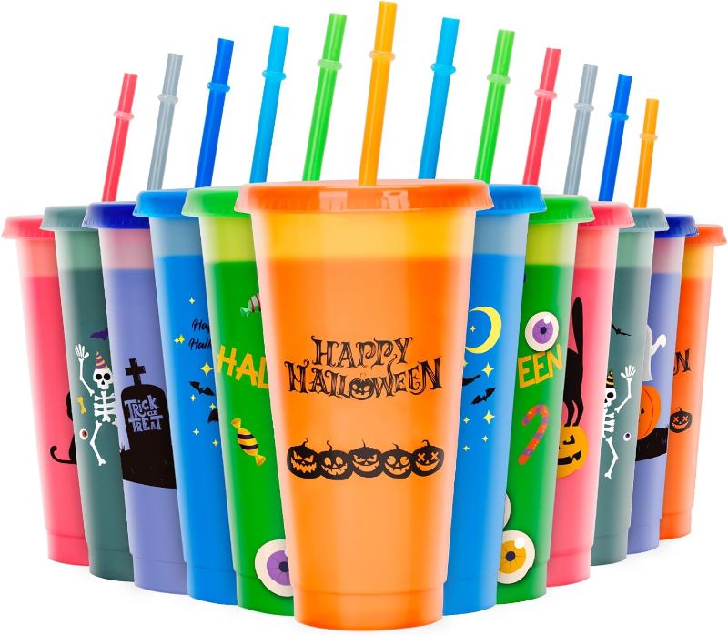 Photo 1 of 12 Pack 24 oz Halloween Color Changing Cups with Lids and Straws - Halloween Decorations, Halloween Party Supply, Plastic Tumblers, Halloween Cups for Kids Adult Halloween Party Favors