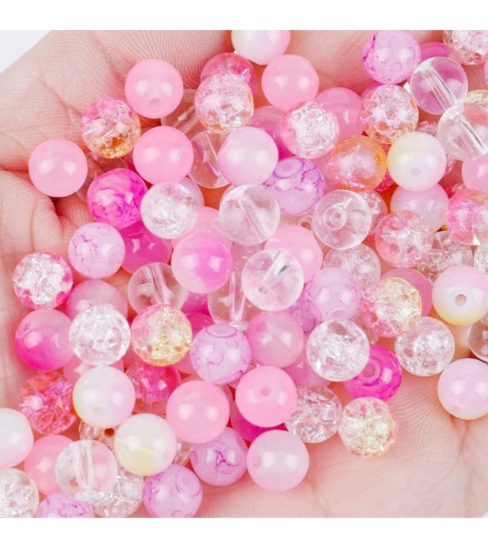 Photo 1 of 100PCS Glass Beads for Jewelry Making, Mix 8MM Hot Pink Crackle Lampwork Glass Beads Aurora Crystal Beads Matte Gemstones Spacer Beads Kits for Crafts, Crystal Loose Beads for Bracelet Making