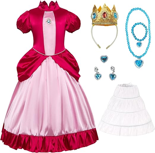 Photo 1 of ZOKJFDK Princess Peach Costume for Girls, Princess Peach Dress & Accessories, Super Brothers Halloween Cosplay Dress Up- 12Y