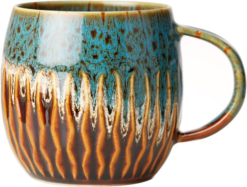 Photo 1 of 20 oz Big Coffee Mugs, Handmade Pottery Coffee Mug with Unique and Artistic Design, Extra Large Ceramic Tea Cup with Wide Handle, Pretty Color Patterns and Microwave Dishwasher Safe (Blue)
