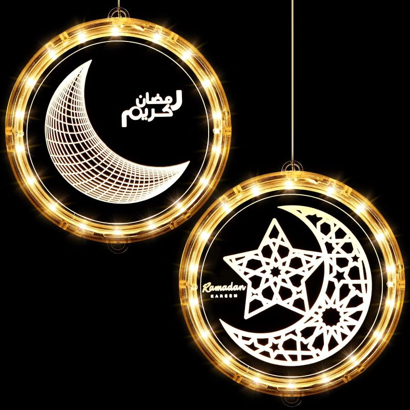 Photo 1 of 2 Pieces Eid Ramadan Decorative Window Lights Moon Star LED Lights Ramadan Lights Decorations for Eid Mubarak Xmas Eve Wall Pathway Patio Bedroom Window Decoration (Star Style)

