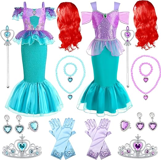 Photo 1 of 2 Pcs Princess Mermaid Costume Party Dress Carnival Halloween Birthday Dress Up with Accessories- 3-4YEARS
