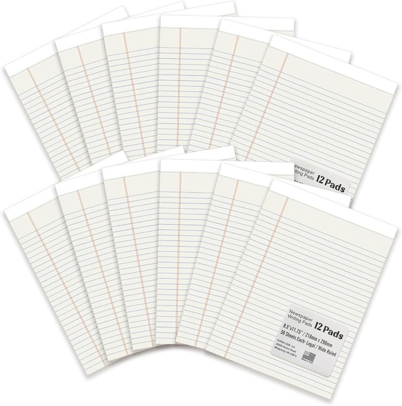 Photo 1 of Legal Pads 8.5"x11" Note pads,Wide Ruled,White Paper Writing Pads,12 Pack,50 Sheets Per Lined Paper Pads, Micro perforated Letter pads, News Paper, Made in the USA.
