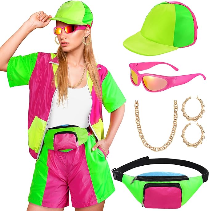 Photo 1 of 80s Outfits Costume Accessories Women 80s Workout Costume Color Block Windbreaker and More for 80's Party Outfits - SIZE LARGE 
