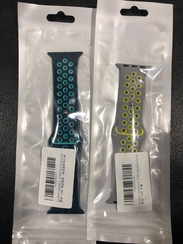 Photo 1 of 2 Pack- Sport Bands Compatible for Apple Watch Bands,Soft Silicone Sport Women Men Replacement Strap Compatible with iWatch Ultra 2 & SE & Series 9/8/7/6/5/4/3/2/1,38mm- Turquoise and Yellow/Grey