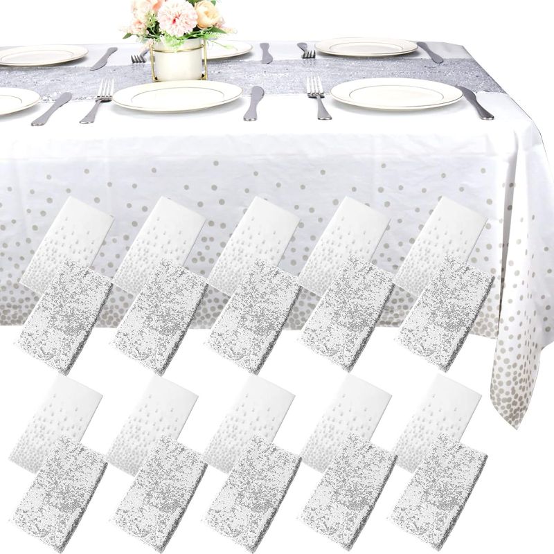 Photo 1 of 10 Packs Sequin Table Runner and 10 Packs Tablecloth, 12 x108 Inch Silver Table Runner, 54 x108 Inch Rectangle Disposable Plastic Table Cloths Table Cover for Party Birthday Wedding Table Decorations 