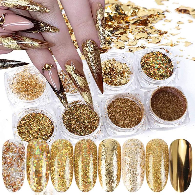 Photo 1 of Holographic Gold Glitters Nail Art Sequins 3D Glitter Nail Flakes Decoration for Women Girls Manicure Tips DIY Acrylic Nails Supplies Shining Nail Art Design Nail Art Accessories (8 Boxes)