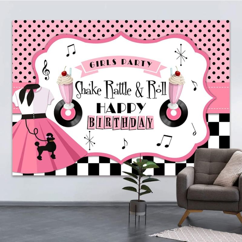 Photo 1 of 7x5ft Happy Birthday Backdrop for Sweet Girls Lady Theme Background Pink Grid Polka Dots Skirt Record Photography Shake Rallte Roll Girls Party Decoration Bday Banner Supplies Photo Studio Props
