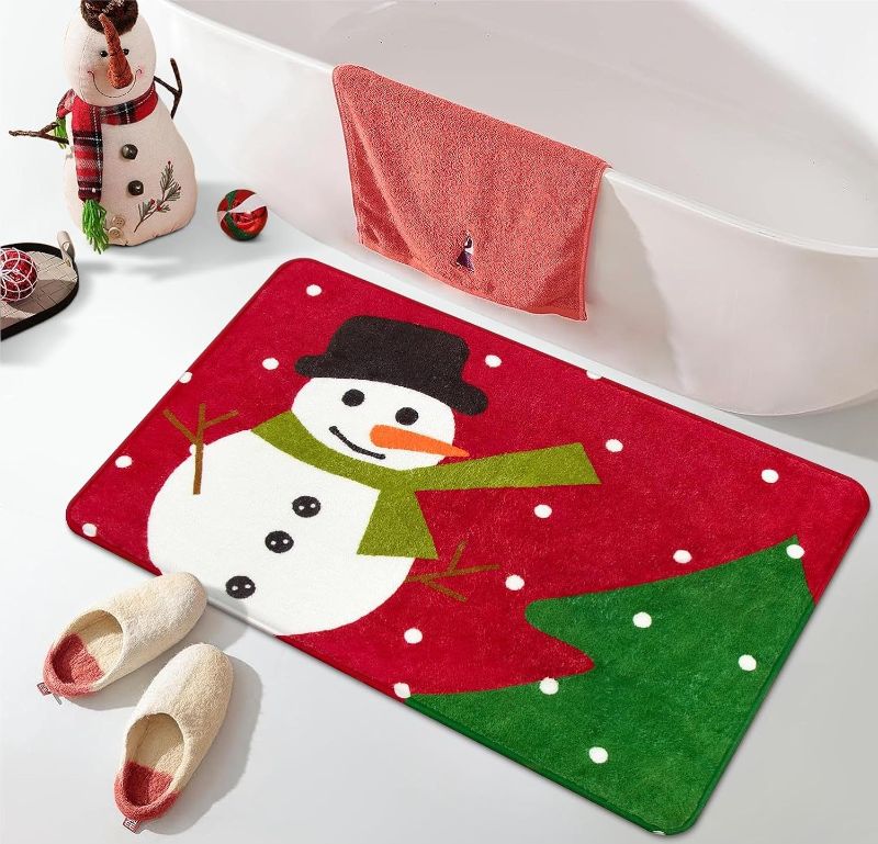 Photo 1 of Uphome Christmas Bathroom Rugs Cute Snowman Non-Slip Bath Mat Soft Washable Red Bath Rug for Kids Baby, Winter Christmas Tree Carpet for Bedroom Kitchen Door Mat Home Decor, 20x31 inch