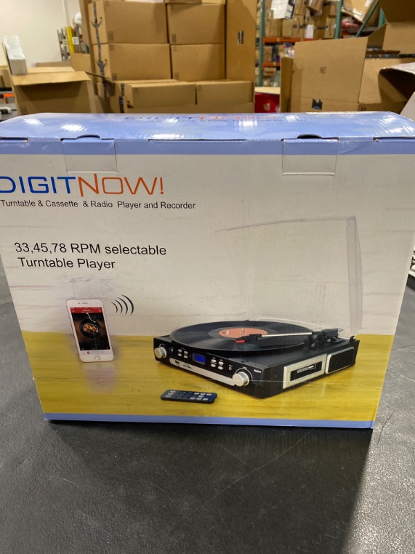Photo 1 of DIGITNOW Bluetooth Record Player with Stereo Speakers, Turntable for Vinyl to MP3 with Cassette Play, AM/FM Radio, Remote Control, USB/SD Encoding, 3.5mm Music Output Jack(Black)