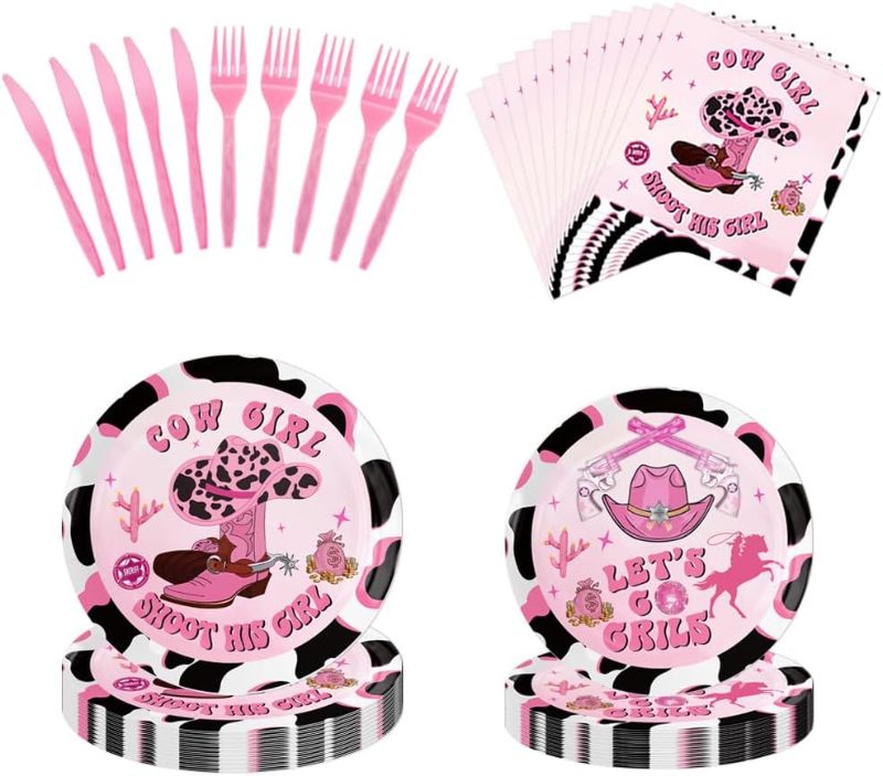 Photo 1 of 100pcs Western Cowgirl Party Decorations Let's Go Girl Party Supplies for Girls Cow Print Paper Plates Napkins Forks Knives Boots Western Theme Birthday Bachelorette Party
