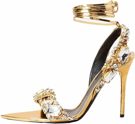 Photo 1 of Kluolandi Women's Strappy Stiletto Heels with Crystal Lace Up Gladiator Sexy Open Toe High Heeled Sandals Gold Heels for Women-11
